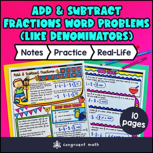 Thumbnail for Adding and Subtracting Fractions Like Denominators Word Problems Guided Notes