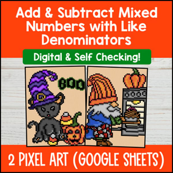 Thumbnail for Adding and Subtracting Mixed Numbers with Like Denominators Halloween Pixel Art