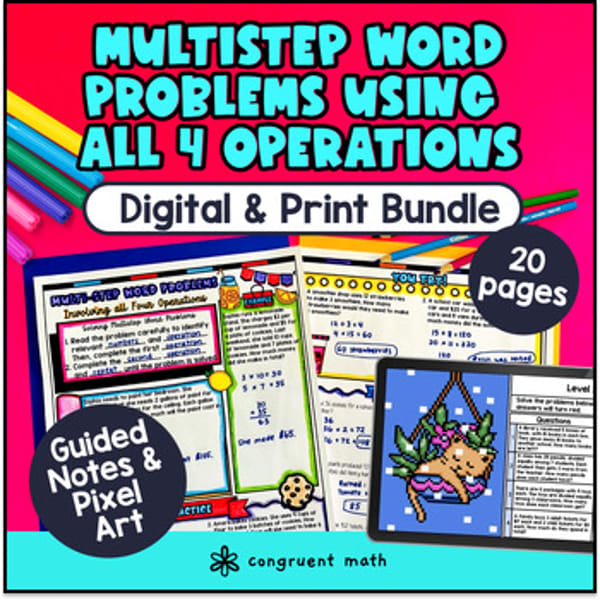 Thumbnail for Multi step Word Problems 4th Grade 5th grade Guided Notes & Pixel Art Multistep
