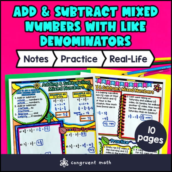 Thumbnail for Adding and Subtracting Mixed Numbers with Like Denominator Guided Notes Doodles