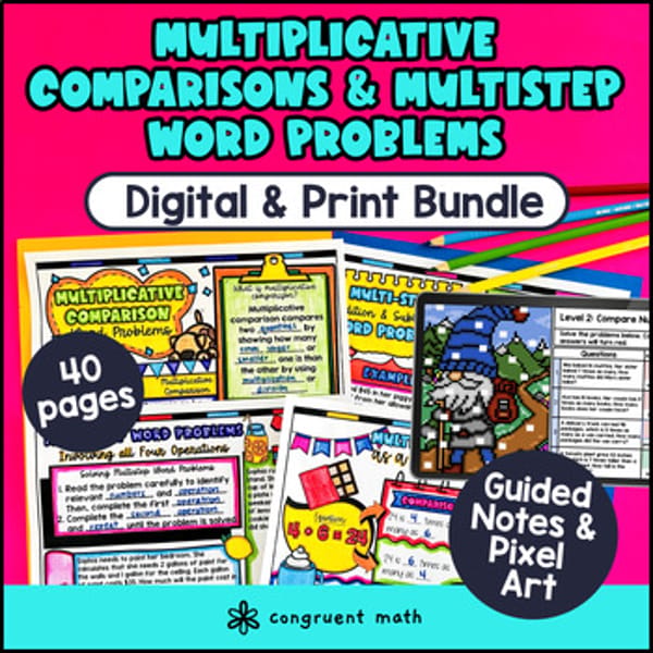 Thumbnail for Multistep Word Problem Multiplicative Comparison 4th Grade Notes Pixel Art