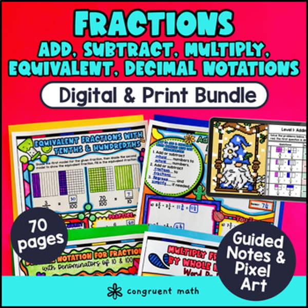 Thumbnail for Adding Subtracting Multiplying Fractions Mixed Number Guided Notes Pixel Art 4th