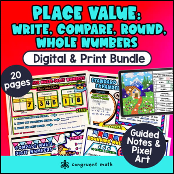 Thumbnail for Place Value 4th Grade Write Compare Round Whole Number Guided Notes & Pixel Art
