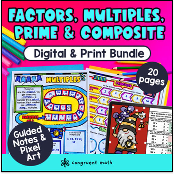 Thumbnail for Factors and Multiples Prime Composite Numbers Guided Notes & Pixel Art 4th Grade