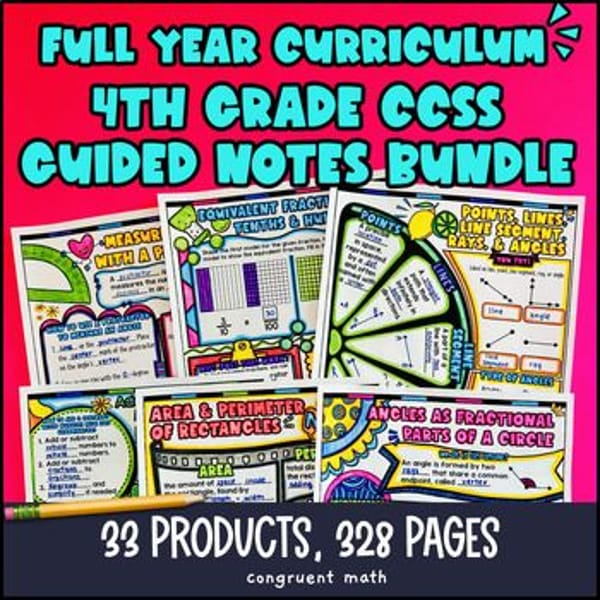 Thumbnail for 4th Grade Math Full-Year Guided Notes Back to School CCSS Lesson with Doodles