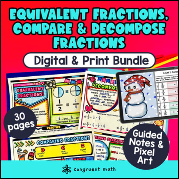 Thumbnail for Equivalent Fractions Compare Decompose Fraction Guided Notes Pixel Art 4th Grade